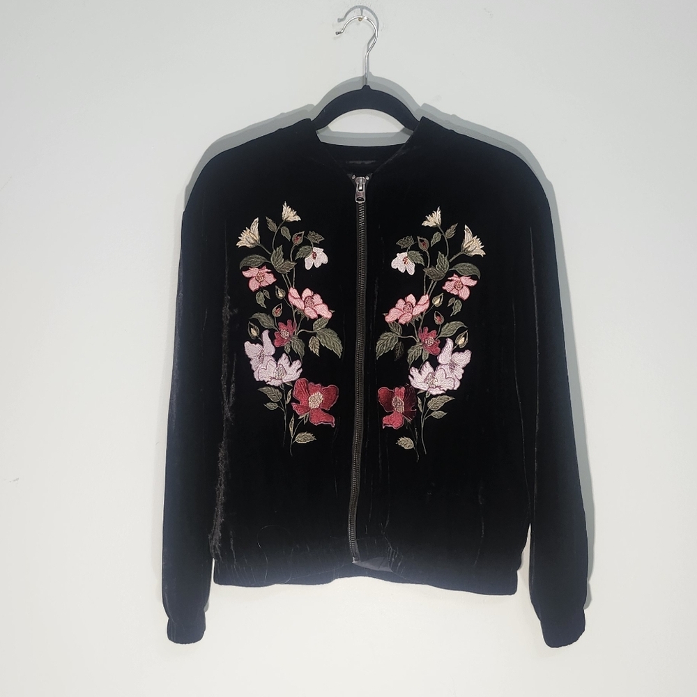 Topshop Black Velvet Embroidered Floral Bomber Jacket | Romantic Statement Piece